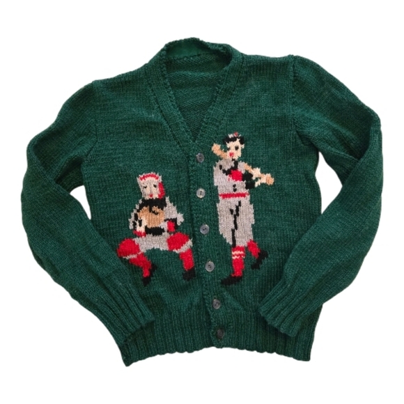 Vintage Other - Vintage 1990s Handmade Green Baseball Knit Cardigan Sweater